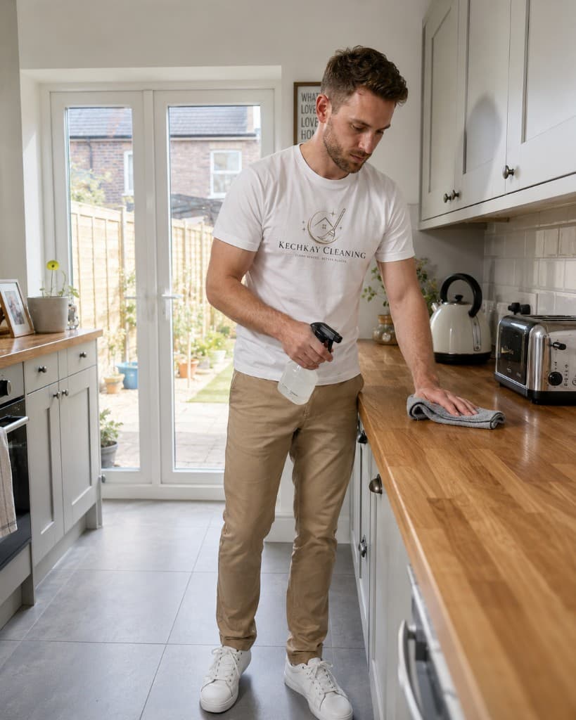 Kechkay cleaner wiping a kitchen worktop